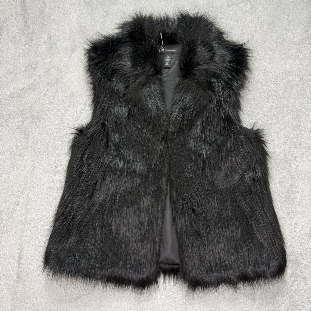INC International Concepts Womens M/L Black Faux Fur Vest Sleeveless Lined